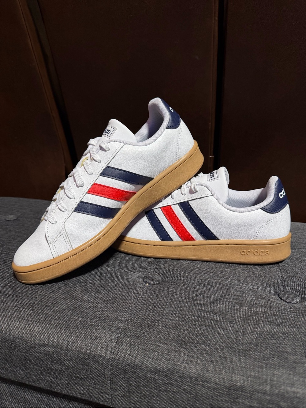Size 10.5 adidas White Sneakers with Navy & Red Stripe Accents